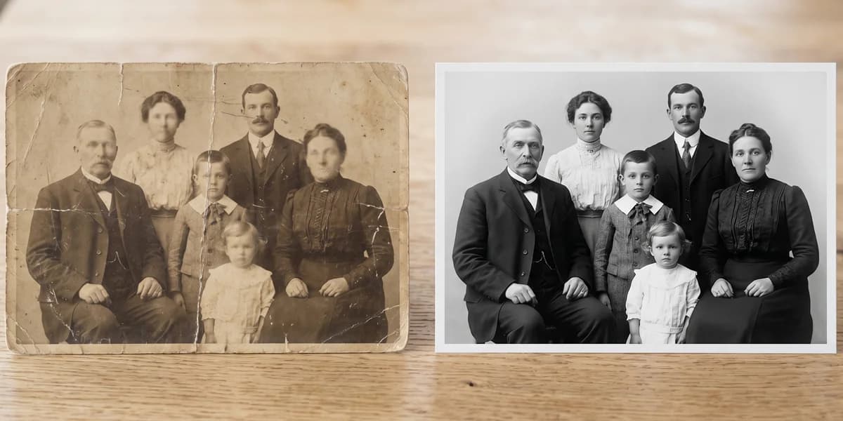Before and after AI photo restoration — faded original on the left, clear restored version on the right