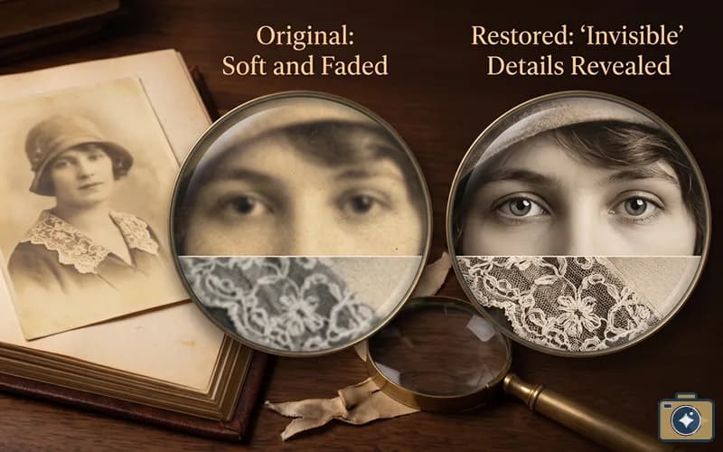 Close-up zoom showing a faded face in an old photo being sharpened and restored by AI — invisible details brought back to life