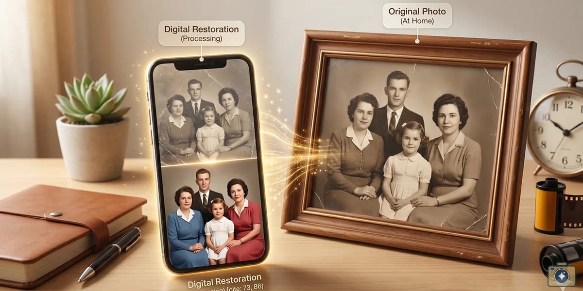 Illustration showing an original family photo staying safe at home while a digital copy is uploaded for AI restoration