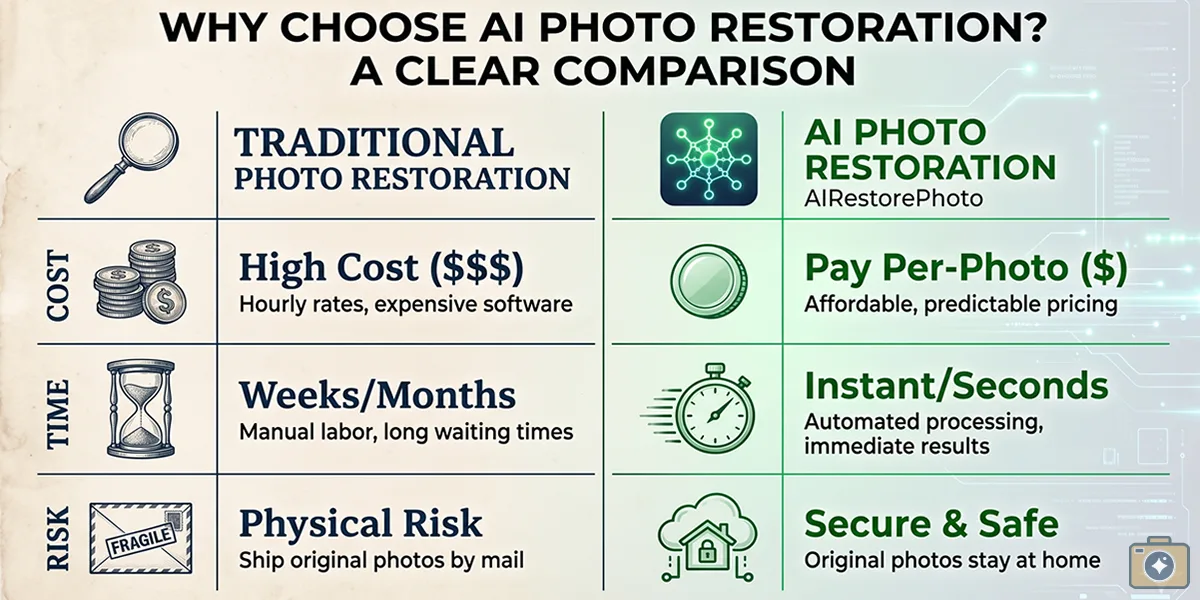Comparison table showing traditional photo restoration vs AI photo restoration — AI is faster, cheaper, and safer